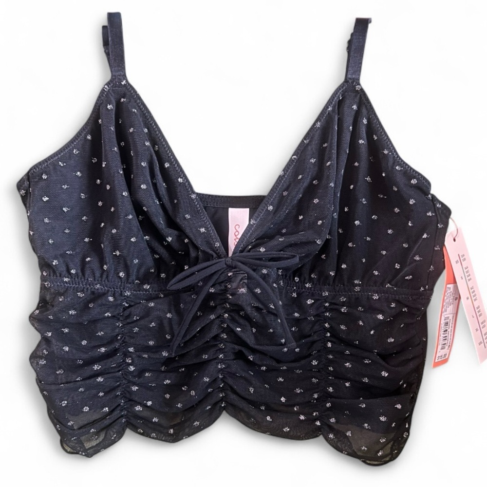 Elegant Black Ruched Spaghetti Strap Camisole with silver polka dots (NWT)